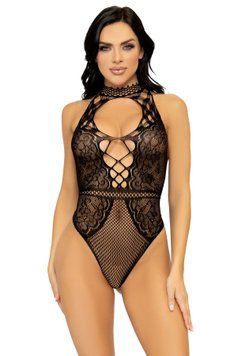 Leg Avenue Net and lace halter bodysuit OS Black 00116 фото