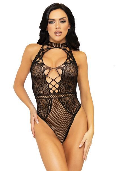Leg Avenue Net and lace halter bodysuit OS Black 00116 фото