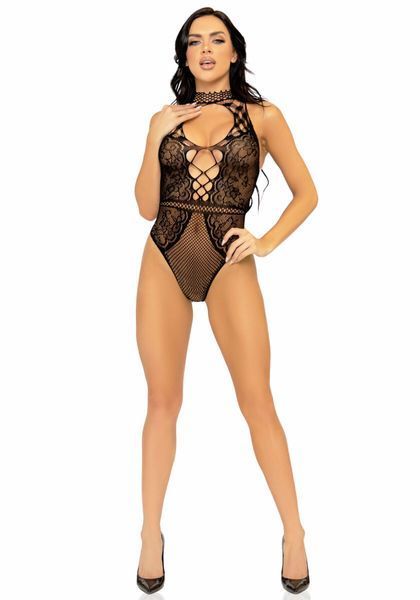 Leg Avenue Net and lace halter bodysuit OS Black 00116 фото