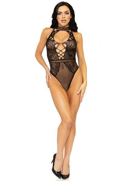 Leg Avenue Net and lace halter bodysuit OS Black 00116 фото