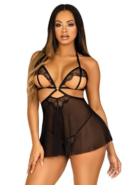 Сорочка бебі-дол з відкритими чашками Leg Avenue Lace and mesh babydoll & panty 10656 фото