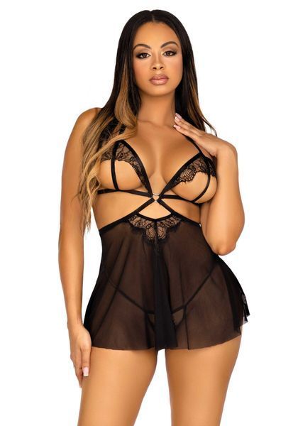 Сорочка бебі-дол з відкритими чашками Leg Avenue Lace and mesh babydoll & panty 10656 фото